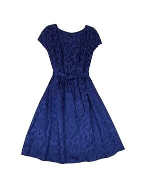 Anne Klein Blue Fit Flare Dress Size 10 Jacquard Cap Sleeves Wedding Guest